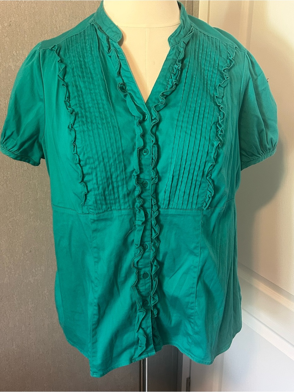 Worthington Teal Ruffled Pintuck Short-Sleeve Blouse